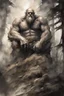 Placeholder: dumb and crazy stone giant above the trees, vivid emotions, watercolor, photorealism, dark fantasy, bad weather, gloomy day, dark world, sketch art, fine lines, grunge, sensual, darkness, by Raymond Swanland & Alyssa Monks & Anna Razumovskaya