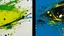 Placeholder: A high-angle and close-up view of an abstract painting. The painting is predominantly white, with black speckles on the left side overlapping at the top and bottom, creating a horizontal strip of blue running through it. The right side of the frame is predominantly black with dark green speckles where the yellow is closer, and the left side is thinner. It has a slight vertical line where the yellow and green triangles intersect, and two squares are in the center of the central circle. This squar