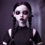 Placeholder: Jenna ortega with wednesday addams black dress,soft goth libstick, wednesday addams make up, dramatic lighting, highly detailed, volumetric lighting, unreal engine, 8k