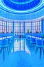 Placeholder: A restaurant with the outer shape of the walls in blue and a white floor and it contains one table in the middle of the restaurant in the form of a bar and the shape of the walls is oval containing 30 chairs and the walls are made of glass