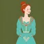 Placeholder: a young noble woman, red hair bun, smiling, joyful, happy to see us, wearing a turquoise embroidered gown with perls, renaissance era, in a ballroom, highly detailed, illustration, character art