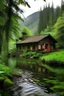 Placeholder: cabaña en bosque tropical con lago cerca