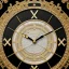 Placeholder: large crystal ornate round clock with a transparent body, wood and black and gold, transparent, rococo, Artstation, intricate and meticulously detailed 8 k, ornate and jewels, bokeh background