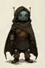 Placeholder: small wiry robot from a dnd style fantasy realm. His robotic metal face looks friendly. He is wearing simple medieval clothes and a dark cloak. dnd style illustration