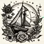 Placeholder: Traditional Old School Tattoo Design featuring a Guitar, flowers, the Sun, a Compass, and a Sailboat sailing over the sea waves, simple and small, Tattoo Art. Few lines, fewer details stylized, sketch, black and white.