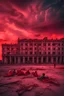 Placeholder: Abandoned districts building in a big City, red clouds in the sky with many dead children laying on the ground