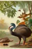 Placeholder: John James Audubon-like illustration of a fully uncropped Dodo bird and a Platypus in a landscape of warm yellows, warm reds, and warm blues