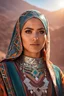 Placeholder: Young Arabian woman, detailed, hyper realistic, wearing Arabian a vibrant Amazigh dress adorned with geometric patterns,hijab, silver jewelry glinting in the sun, standing proudly in the Atlas Mountains.