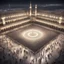 Placeholder: Hyper Realistic Aerial-View of lots of people praying outside-an-open-air-hall of Masjid-Nabawi in Madina with clean-marble-flooring & date-trees-outside at night showing dramatic & cinematic ambiance