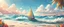 Placeholder: Background: an ocean on a colorful sunny day landscape, clouds, cartoon asset, clean. Details: large sailboat in the right third of the image, beach shore in the left third of the image, waves, sunshine. Camera: side angle, 45°, 25 mm. Lighting: high noon sun, LED lights. cartoon style