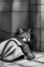 Placeholder: One single mature homeless cat with worn out clothes, sleeping in a corner on the street, Vienna, mourning, model style, hyper realistic, extremely accurate, delicate, extremely detailed, Graphic novel style, wide-angle, open aperture, superfine pencil