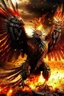 Placeholder: Create a ultra high definition and photorealistic image, 12k quality of a beautiful phoenix, majestic and strength showing, emphasis on texturized claws, upclose with a front view flying towards the camera, centre of an explosive and chaotic background scene of Armageddon where he is followed by demon like dark clouds in persuit trying to grab him, phoenix has striking eyes and determined look, majestic wings folded inwards in flight, bright auburn, black, white, grey and yellow colours, gothic