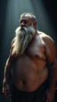 Placeholder: Full human figure shot photo captures a chubby 34-year-old turkish farmer, burly frame with a prominent broken nose, an extensive silver beard cascading down, emanating strength through a muscular, beefy physique, shirtless to reveal a robust chest and wide shoulders, side-lit in a shadowy space, perspective from the ground, photorealistic, ultra clear, dramatic lighting, cinematic.