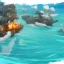 Placeholder: two pirate ships fighting each other at sea. They fire cannons at each other and one ship is hit and burns.