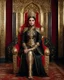 Placeholder: A length image of photography full body photo of a beautiful-faced Persian islamic hijab Queen sitting on a luxurious chair in a palace, wearing luxurious battle armor with a design of gold and black metal plate and metal crafts with radiant diamond luster, decorated with flower-shaped red diamond stone, black leaf decorations,and small dragon decorations, against a gold background, holding a gold carved sword, accompanied by two white tigers angry face sitting beside him, with added details.