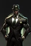 Placeholder: Super hero black man. he has a slick suit that makes so we can see his abs and pecs. He has a gentleman's suit, but it'S still v a super costume. He has a little jade totem around his neck, and a old watche's gold chain that goes in his front pocket. he also has a hals white mask that covers the half of his head. we can see his mouth, and his smile is friendly.