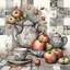 Placeholder: Watercolour and ink patchwork in the style of Jamie Heiden, Walter Crane, Yayoi Kusama, Ivan Shiskin, John Atkinson Grimshaw: zentangle cute whimsical watercolor Still life with apples on a porcelain plate and a teapot crisp quality, ultra detailed, elegant, fantastical, surreal, watercolor and pen, beautiful high definition fine 3D line art, white and grey and red dreamy colours, extremely detailed, intricate, elaborate, HDR, award winning, expressionism, fantastic view, ethereal, fantasy, unsi