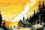Placeholder: create an ink wash and watercolor illustration of a rustic snowbound cabin at sunrise surrounded by deep drifts and overshadowed by looming trees, smoke curls from the chimney, the windows exude a glow of light in the mountains of the Pacific Northwest in the comic book art style of Mike Mignola, Bill Sienkiewicz and Jean Giraud Moebius, highly detailed, grainy, gritty textures, dramatic natural lighting