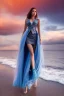 Placeholder: half body shot,realistic portrait of a 20-25 old caucasian model, long blue pink flowing hair, great grey eyes, blue leather jacket,full body, short white skirt,long legs,standing at beach of very nive lake with sunset ,clouds,godrayes