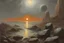 Placeholder: Grey sky with one exoplanet in the horizon, rocks, mountains, 80's sci-fi movies influence, friedrich eckenfelder and fernand toussaint impressionism paintings