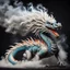 Placeholder: a sturdy colorful asian dragon curly white fur, smokey breath and fire, claws, spikes along back, a long tail, moving forward towards viewer, wrapped in smoke