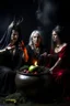 Placeholder: The three witches from macbeth sitting around a steaming cauldron, the one on the left dressed as lady macbeth holds a crown, the middle one dressed as a alluring Spanish gypsy and the one on the right, naked apart from a fig leaf, is holding out an apple