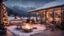 Placeholder: a beautiful patio with lights. you can see the mountain view. there is a small fire pit. christmas decorated patio. it is snowing outside