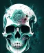 Placeholder: minimal lineart skull. watercolor and ink. broken. particles. black background. teal and magenta