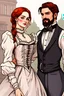 Placeholder: ((Athletic Petite Pale Russian Redhead Woman 30yo, Long Eye Lashes, Eye Shadow, Eye Liner, Wearing A Victorian Dress)), holding hands with A ((Dark-Haired Man With A Strong Jaw And A short beard wearing victorian dress clothes))