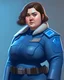 Placeholder: A chubby young woman wearing a blue, futuristic, skin-tight military uniform. Shoulder-length brown hair, full body. Trending on ArtStation. Semi-realistic, painted style.