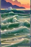 Placeholder: Vintage travel poster showcasing the majestic waves on beaches of Landes in France in a watercolor painting style reminiscent of 1930s European travel advertisements, like those by Henri Cassiers. The scene is captured during golden hour with soft glows highlighting the peaks, featuring muted pastels with pops of rich blues and greens. The composition offers a wide-angle view, with a focal length of around 24mm, presenting a vast mountain range at the center and a quaint village at the base.