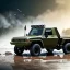 Placeholder: Origami, hyperrealistic shot, muddy military toy truck, monotone color palette, sharp focus, puddle reflection, tire water splash, refraction, mist on the horizon, shadowcast, detailed and intricate, cinematic composition, micro, tilt shift photography