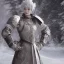 Placeholder: smooth hyper realistic, beautiful Japanese snow knight robot in crown, pale colors, dark cosmos background, extremely sharp detail, finely tuned detail, ultra high definition, 8 k, unreal engine 5, ultra sharp focus, accurate sword wings, positive smile, lot of details, fit within portrait, Ambiance winter, perfect composition, perfect hair, perfect hands, finger up gestures