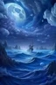 Placeholder: raging sea, blue-white, airy, wind, clouds of smoke, epic, fabulous landscape,3D,horror, 16k,surrealism,detailed drawing of details, transparent watercolor, clear outline, starfall, beautiful night landscape, dark fantasy, blue, white, lilac, neon, detailed, engraving, color illustration, star map, moon, stars, space
