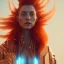 Placeholder: A beautiful portrait of a cyberpunk woman with grain on skim red head with hair flying in the wind cyborg smiling facing camera orange color scheme, high key lighting, volumetric light high details with white stripes and feathers unreal 5, octane render, cinema4d, dynamic lighting, dramatic lighting, 4k, redshift render, highly detailed, hyper realistic like Tron the movie