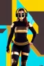 Placeholder: Realistic photograph. Geometric 3D tiling on the background. Lightly armored, electronic circuit. Cyber-punk full-mask. woman full-covered face mask. Bronze color Yellow Black Cyan. AKG headphones, golden rings & disc. Selfie both hands. Thick tights. Thick calves. Curved fell. Wide hip. Flat belly. Ancient artifact cables between. Perfect, Tron Movie. Lay figure. Haute Couture 1990's. Light from right