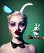 Placeholder: Ultra realistic portrait, wonderland party club, wide-angle lens, couple, cinematic, happy blonde woman smoking a pipe, accompanied by elegant anthropomorphic white rabbit, circus dress style, old school tattoo, laughter, smoke, marijuana and mushrooms background, glow eyes, perfect iris, soft color, highly detailed, unreal engine 5, ray tracing, RTX, lumen lighting, ultra detail, volumetric lighting, high definition.