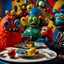 Placeholder: Close-up shot of ultra realistic odd monsters dining, vivid, ultra realistic, Joan Miró, hypermaximalist figures, light, Italian 1970's odd movie, hilarious, Minicavio Quollati style, photography by Marlost Endgulp, ornate, 4k, photorealism, impressionism