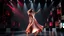 Placeholder: a 3d fractal stage structre made of metallic 3d structures, pertty artistc background,dynamic lights,lady prances in modern fashion clothing dansing in stage