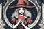 Placeholder: portrait of a wizard hat Halloween vintage girl with heart in her hands, half demon and half angel,