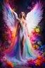 Placeholder: Gorgeous Photography Beautiful Woman as Angel with clothing abstracts flowers luxury gown dressing painting art neons rainbow colors glowing in the dark and colorful details, light leaks boleh colors,flowers background