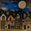 Placeholder: A brownish black murky houses in a village at nighttime painted by Paul Klee