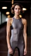 Placeholder: photography of a beautiful anorexic woman, grey satin triathlon top, brunette wavy bob haircut, pronounced sternum, flat chest, grey satin cycling leggins