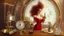 Placeholder: Victorian red long hair woman leaning over a desk, working on a tiny clockwork machine, while looking through a magnifying glass, in a dark laboratory, full of devices and machines