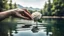 Placeholder: close up Back view couple holding hands close a lake, a white rose swims on the water, in the blur background a lake, some green trees, ultra detailed, sharp focus, perfect anatomy, perfect hands with fingers, perfect photo