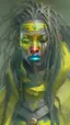 Placeholder: A woman has tanned skin, yellow eyes and black dreads. Her face show her superiority in the eyes of others. She is dressed in an armor with a few pieces of yellow and green cloak sticking out.