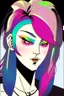 Placeholder: asian androgynous person, in 80's comic illustration, piercings,rainbow hair, androgynous look, epic colour treatment, cinematic colour treatment