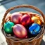 Placeholder: digital photograph — off-center modern wicker basket holds Easter eggs in vibrant azure, emerald, blush, crimson, gold, sapphire, and metallic tones. Each egg's glossy surface reflects intricate dimpled textures under dramatic cinematic HDR backlighting, emphasizing subtle sheen contrasts. Shallow depth of field softens sunlit background in hyperrealistic 8k clarity.