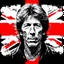 Placeholder: Double exposure high quality ((Replica of the "Tattoo You" Rolling Stones album cover art)) (Black ink Illustration head and shoulders b/w portrait of a 35 year-old Mick_Jagger with slick styled-back hair, three quarters angle, detailed precise maori tattoo all over his face), ((union jack matte background sky)) precise rendering, architectural drafting Modifiers: naive art whimsical