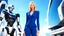 Placeholder: A full-body photograph of a young, slender, blond woman in a blue one-piece suit, standing in front of futuristic buildings. A robot standing beside her. Bright, sunny day.